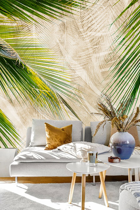 Aranżacja fototapety z liśćmi palmy w salonie